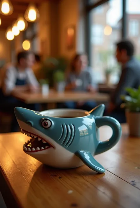 A shark-shaped cup is on a coffee shop table