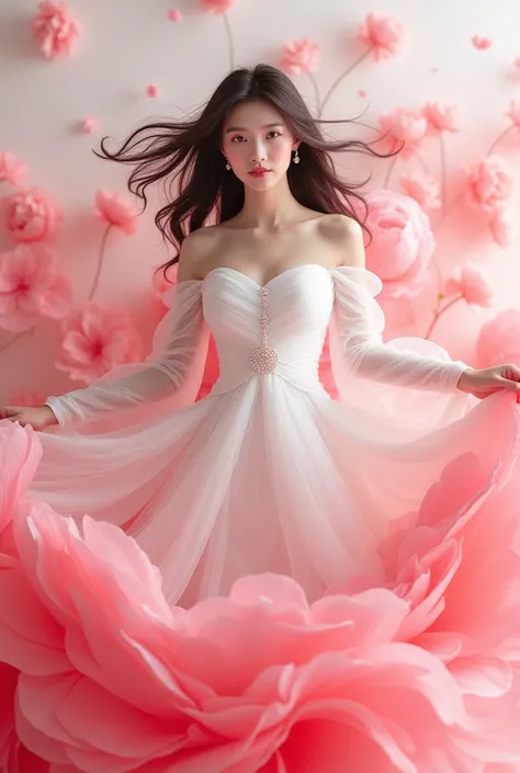  This full body image features a korean woman wearing an elegant dress in white with pink gradations up to scarlet, looking at viewer, creates a multi-layered petal-like impression of her dress. Her dress is designed with details that resemble the delicate...