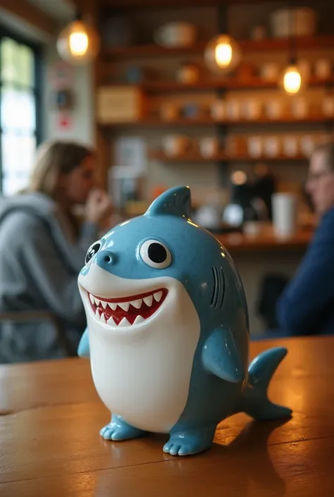 A cup in the shape of a cute shark is on a table in a coffee shop