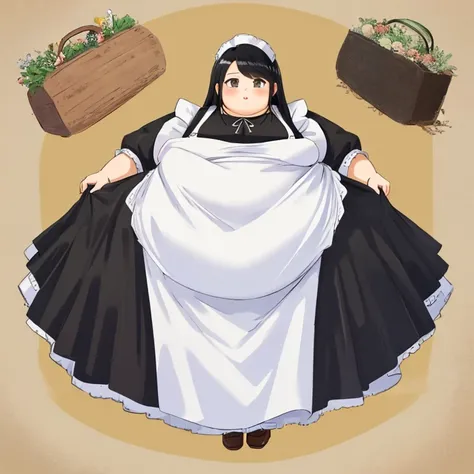 masterpiece,  best quality,Advanced Details,  long black hair,  very obese ,  very large body , Belly protruding,  girl,Maid（ cute dress with puff sleeves in medieval European style wearing a white dress and a black dress、I put on an apron,  black and whit...