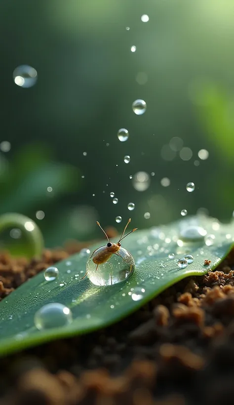 "Create a highly detailed and realistic image depicting small creatures or insects emerging from droplets of sweat. The scene should show a close-up of sweat droplets on a textured surface like soil or a leaf, with tiny, mystical creatures forming or crawl...