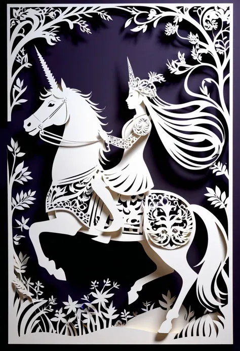 (Masterpiece, BestQuality:1.2),fusion of paper cutting and shadow puppetry, mix of monochrome and color, best quality, super fine, 16k, 2.5D, delicate and dynamic depiction,a Knight protecting the colorful forest,and riding unicorn,Magnificent Paper Cutout...