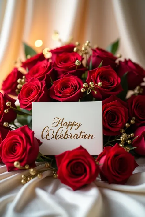 A festive arrangement with vibrant red roses, golden sparkles, and a decorative card that says  in an elegant script, set on a smooth white fabric background illuminated by warm light."
