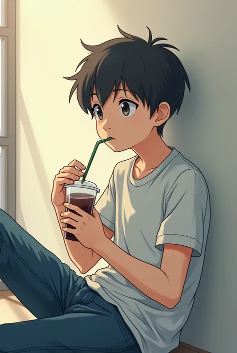 Anime boy sitting with his head against the wall holding a drink and chewing a straw