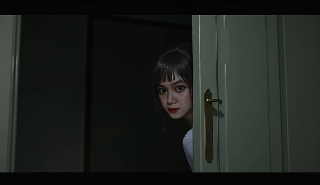 realistic image real.  The scene depicts Yanti standing behind a half-open room door, Peeping behind the door of a dark room . "realistic image, real, and HD "