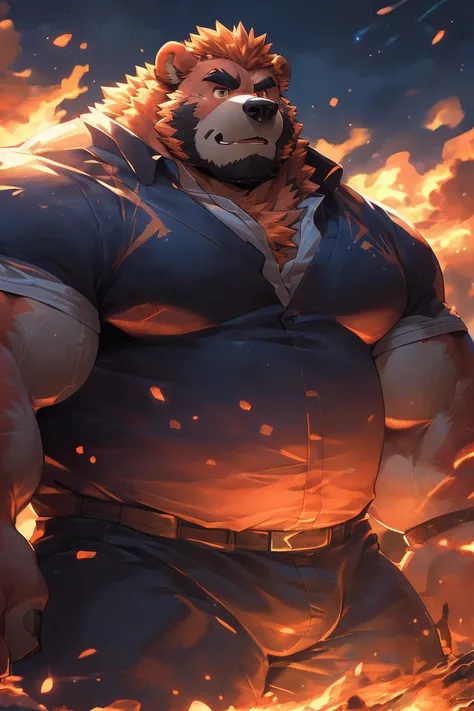 human nature, Wildlife, male,36 years old，Uncle， solitary, ((Round Face, The face is plump,Orange eyes,Thick orange hair，With scars)), ((Endomorph, Handsome，Hot Blood)), （Mecha suit，No electricity，exhaustion), ((domestic 熊, Bear Orc，) Fluffy fur, Fluffy), ...