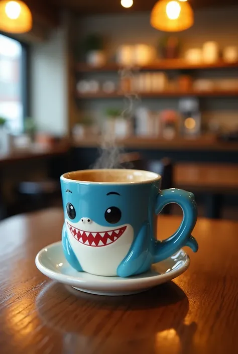 A cup in the shape of a cute shark is on a table in a coffee shop with coffee inside