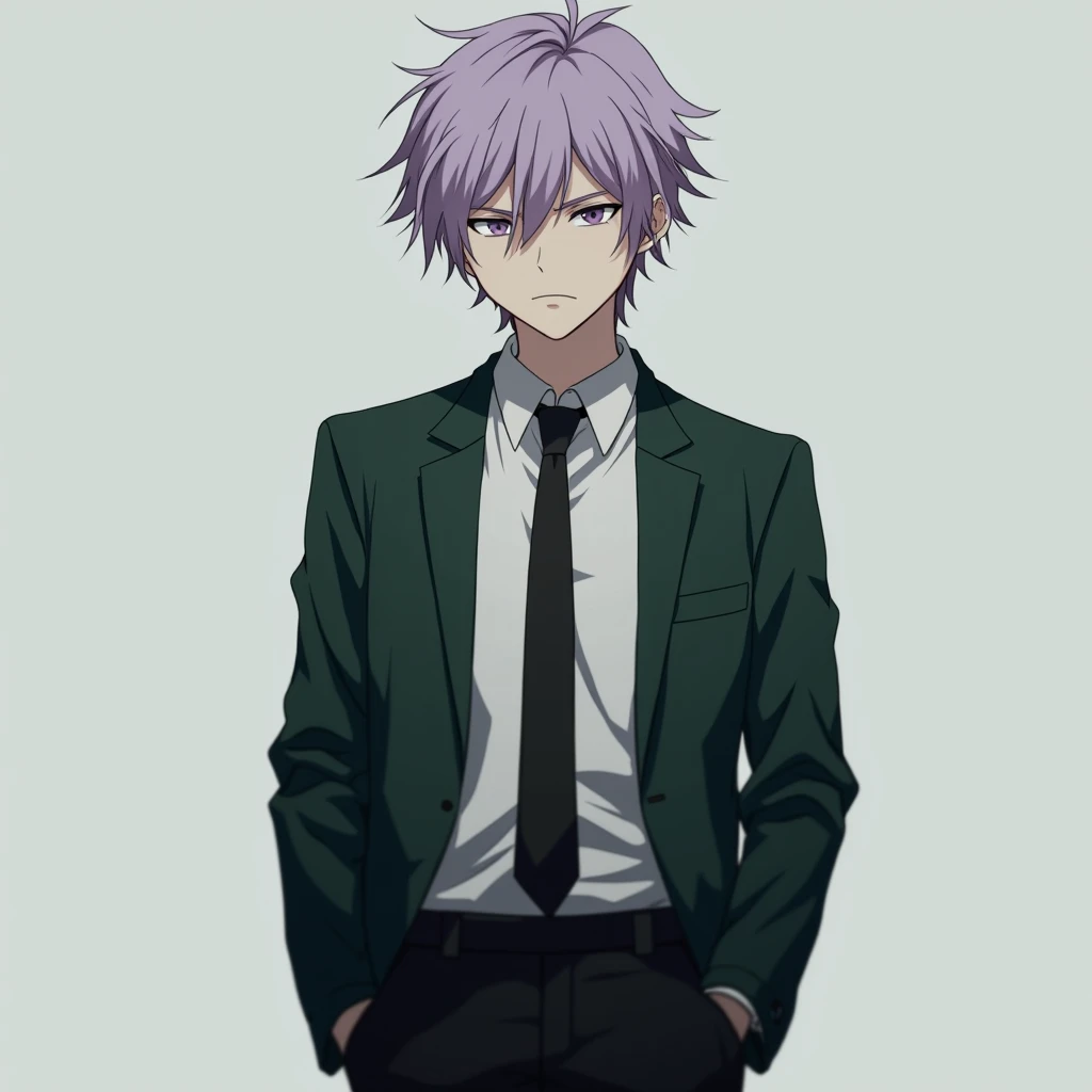 an 18 year old male with light violet hair
wearing a jujutsu high uniform from jujutsu kaisen. he is a Rude and Silent Guy