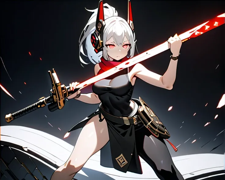 ( top quality,8k, high detail,Great pose,)((whole body)), one girl ,  sexy,cool,White Hair, long ponytail,Red glowing eyes,Slanted Eyes,Small Nose,Small Mouth, Big Breasts ,Thighs,(black dog headgear ),red scarf, skirt , black sleeveless , black armor（Gold...