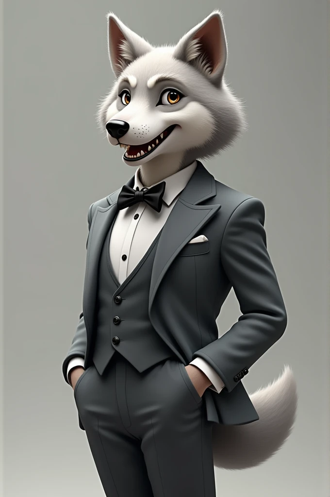 Anthropomorphic wolf with a small belly wearing a gray suit with a red shirt and a black bow tie