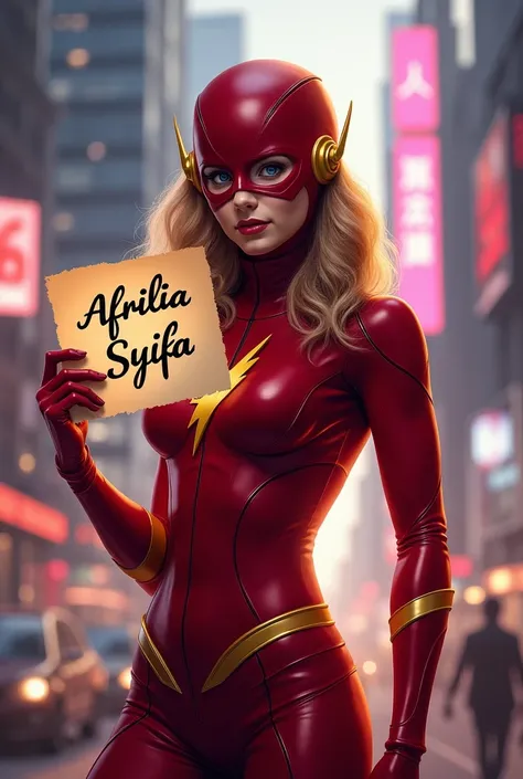  female cosplayer x flash,  holding paper inscribed  "AFRILIA SYIFA ",  city background and light