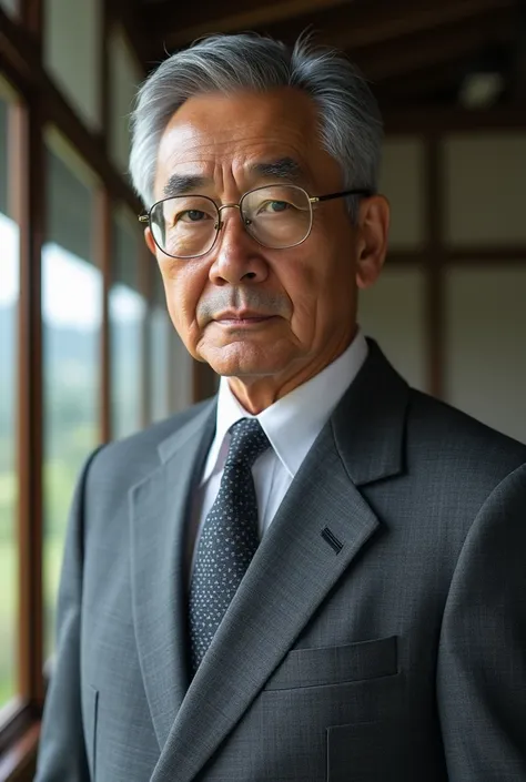 Japanese man, 50 years old, prefecture governor, gray suits, glassed