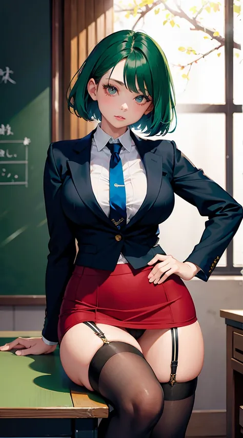 Stunning intricate full color portrait, kazama rinne,short hair,adult women, 20s style,natural lip,green eyes,blue hair,pupil of the eye,light in the eyes,female teacher,Ladies Suits,black blazer,white shirt,red tie,black tight skirt,black tights, １with pe...