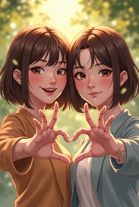  Short haired brunettes make “L” with their hands 