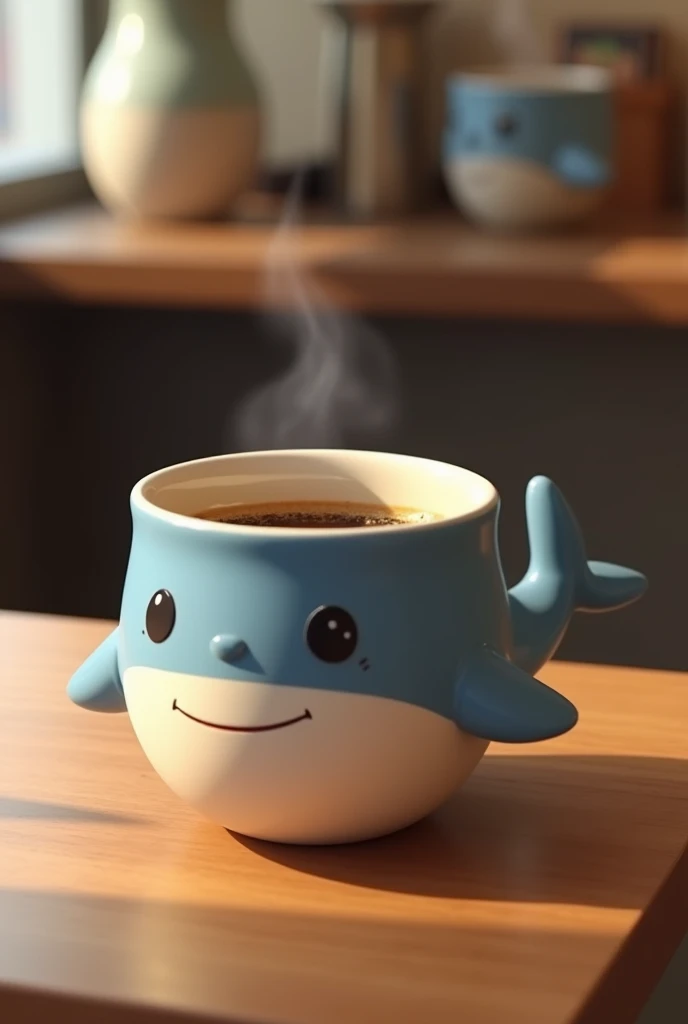 A minimalistic cup in the shape of a cute shark is on a table in a coffee shop with coffee inside