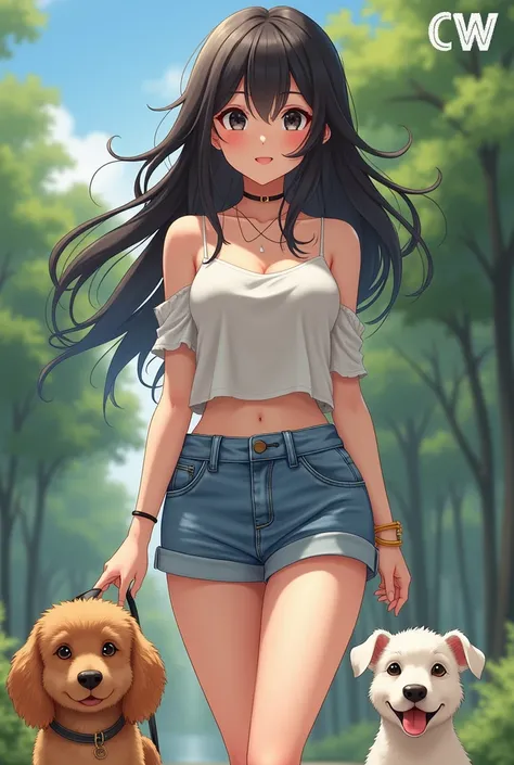 perempuan anime, pakai casual, membawa anjing, warna mata hitam, rambut panjang, badan seksi, logo CW, face imut