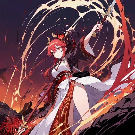 "A middle-height woman with striking red hair styled in a bold and fashionable way, her eyes a toxic shade of dark purple, is holding a spear with a cross-shaped tip. She has a serious expression on her face. Adorning her hair is a red spider lily hair acc...