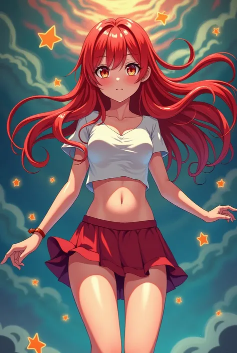 Girl with red hair and long ,  mini skirt , shirt above the navel and full screen anime style turned upside down