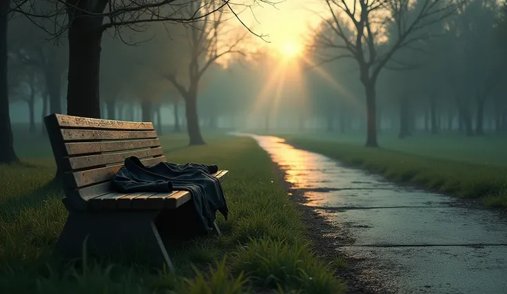 A paved path led through the deserted park, the dim light of dawn stretching across the dewy grass. On a wooden bench near the center of the park, a jacket was left ON THE BENCH, a haunting reminder of what had happened. The scene was peaceful, but it felt...