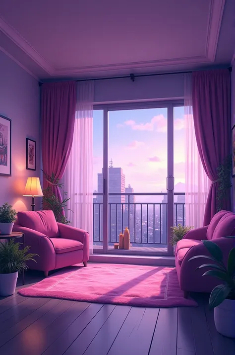 Please make an anime of a purple apartment room without humans 