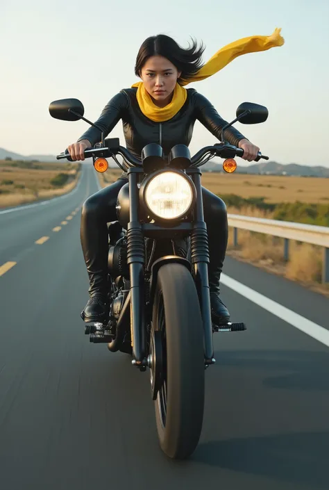   Japanese girl、 black leather rider suit、Yellow scarf、Harley motorbike、 real、3d、Running on the highway