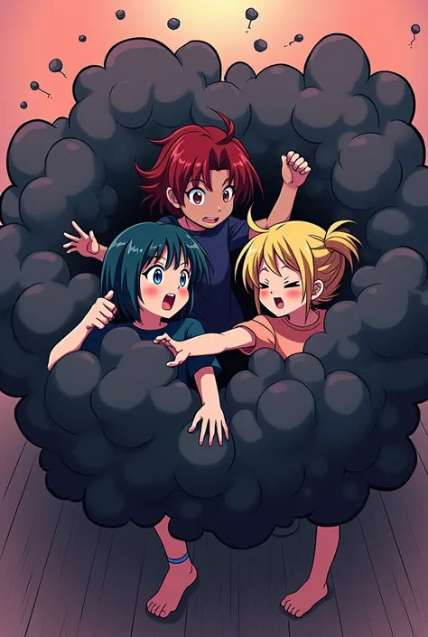 An anime-style art depicting many vampire-girls playfully wrestling with each other inside a black comical fight cloud.
each vampire-girl has different  colored hair and skin.
their faces,hands,and feet are visible emerging from the cloud as they tussle hu...