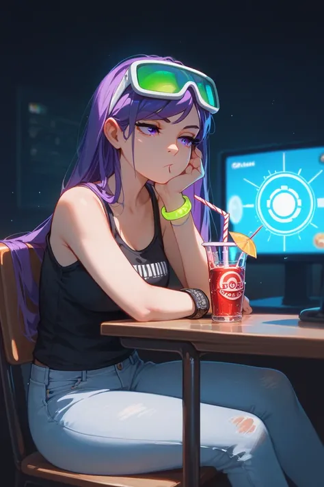 Girl with purple eyes, leaning back in chair, bored expression, purple hair, long hair, swept bangs, thin, green tinted goggles on head, wearing black tank top, white jeans, drinking soda, sitting in front of desk, dark room, watching tv, looking at object...