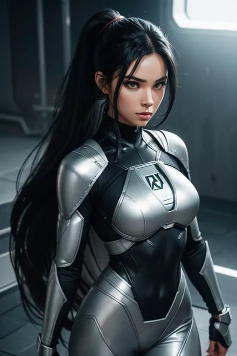 Make an original female superhero who has the power to control mental. She is also very sexy and has a beautiful body and face with long lush black  hair in a ponytail.she is wearing a light grey super suit with metal trim and big metal shoulder pads 