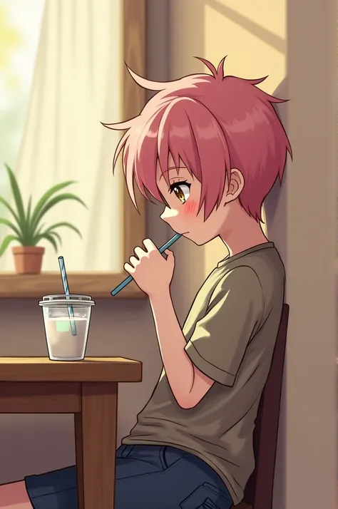 table，Sit in the corner ，A boy with his head against a wall ， he looks very boring ， holding a drink in one hand and chewing a straw， pink haired, golden pupils, and white skinned boy，Bow your head，side