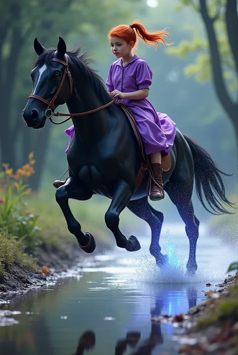 
a red-haired girl in a purple blouse on a black horse jumps over a huge puddle, her hair is tied up in a ponytail. Sparkling lightning bolts fly from under the horse’s hooves. realistic. magical