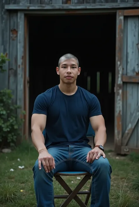 Korean man wearing navy short sleeve t-shirt , 20 years old, Skinhead, (((Big arm muscles,  tight breasts ,  Muscle Bundle, ))),  trousers, sandals, sitting on a second-hand blue folding chair , Typical American Abandoned Farm Barn Front, very realistic , ...