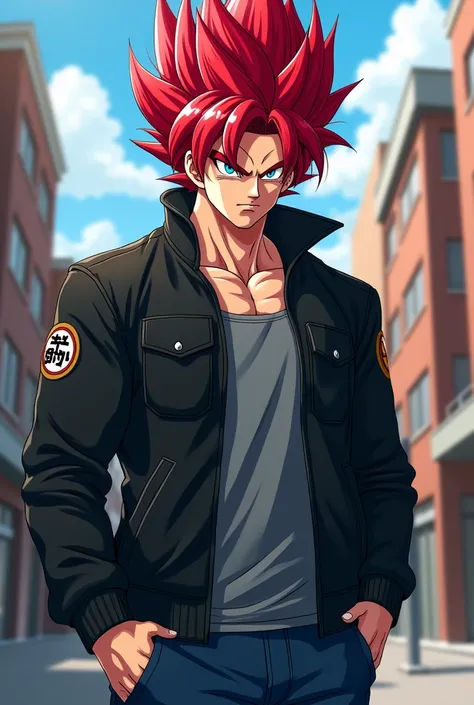 Goku with red hair and blue eyes and with a black jacket and gray shirt and jeans style dbs cartoon 