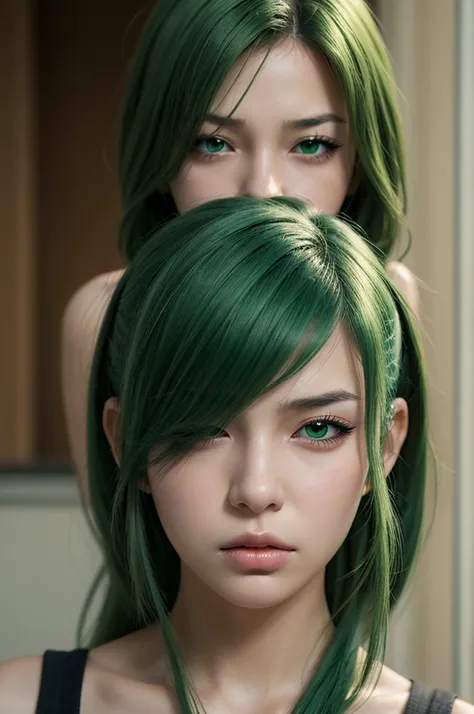 a girl. real life anime. extremely detailed face. half closed eyes. green eyes, green hair. angry. looking straight