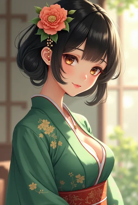 Medium breasts, girl, hanfu, a Japanese woman black hair, brown eyes chinese clothes cleavage dress flower green dress hair flower hair ornament hanfu leaning forward lips medium breasts realistic short hair solo