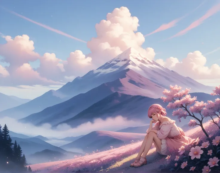 "Anime nature wallpaper of a tranquil mountain meadow at dawn, with a pink and purple sky and gentle mist rising from the ground. Cool, serene colors with stars twinkling in the sky, creating a peaceful and calm atmosphere."