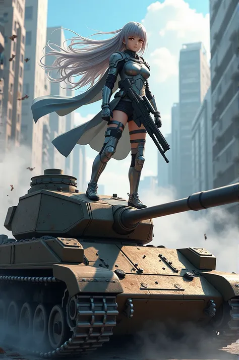 Girl strong beautiful face anime cute, long hair As if carried by the wind, gray hair, wear Shieldmaidents armor, hold sniper spr berdiri diatas tenk baja usang modifikasi futuristik, background city jaapan cyberpunk , smoke , Choi buk, flexibelt, cozy, gl...