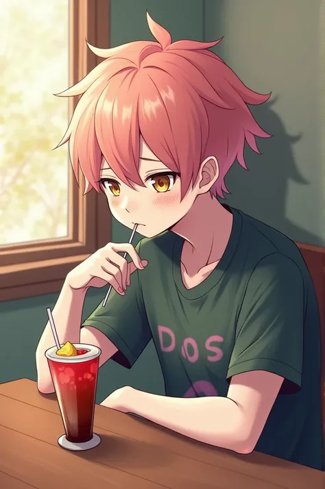 table，Sit in the corner ，A boy with his head against a wall ， he looks very boring ， Holding a cup of drink in one hand，Biting the straw，Boys with medium pink hair, blond eyes, and cool white skin，Bow your head，side