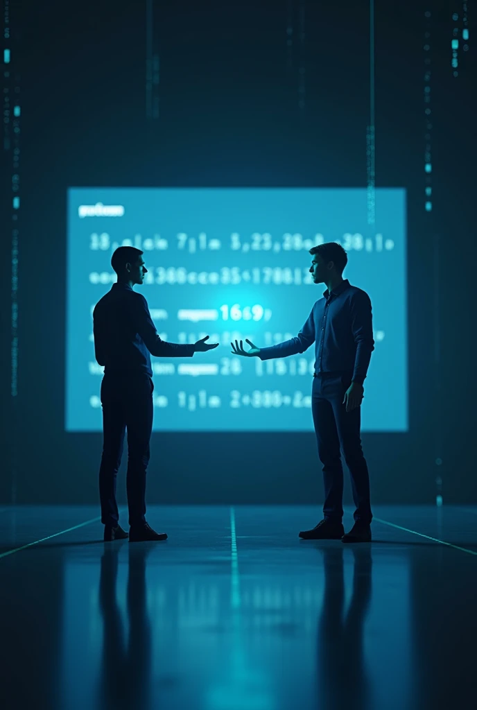  Abstract representation of a Zero-Knowledge Proof with two human figures in a digital conversation. A figure (the tester )  holds a holographic object that shows a secret ,  from afar while the second figure  ( the verifier )  observes ,  with a screen in...