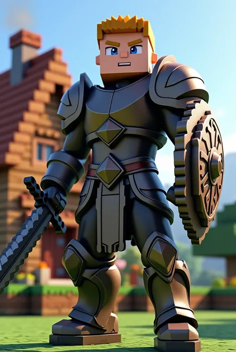 elite warrior in minecraft with a house in minecraft in the background