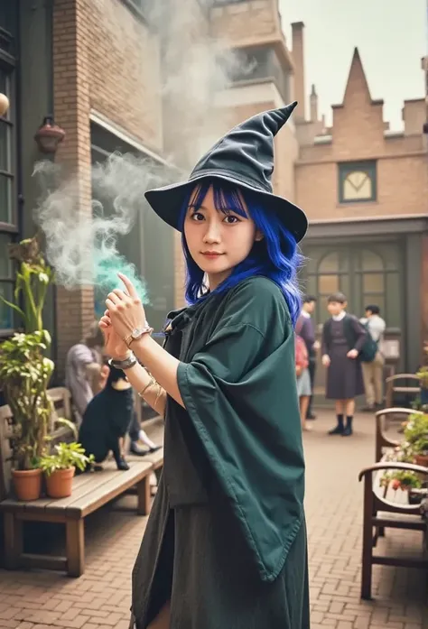  by Sam {x}  by Sam {x} Girl with a Cat,   Black Cat,  blue hair,Witch&#39;s Clothes, witch hat ,Magic wand in right hand,Flash from the tip of a cane,School of Witchcraft and Wizardry students, Magical Girl 