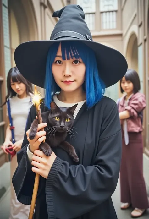  by Sam {x}  by Sam {x} Girl with a Cat,   Black Cat,  blue hair,Witch&#39;s Clothes, witch hat ,Magic wand in right hand,Flash from the tip of a cane,School of Witchcraft and Wizardry students, Magical Girl 