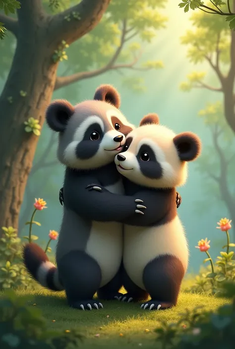 A forest with a gray raccoon and a panda hugging each other