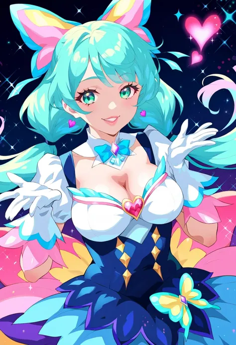 score_9,score_8,score_8_up,score_7_up,Female anime character, full shot, vibrant colors,  (teal/turquoise hair:1.2),  long pigtails,  (light skin tone:1.1), (young adult age:1.1),  (large expressive eyes:1.3),  (green eyes:1.1), (smiling expression:1.2),  ...