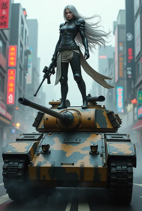 Girl strong beautiful , long hair As if carried by the wind, gray hair, wear Shieldmaidents armor, hold sniper spr berdiri diatas tenk baja usang modifikasi futuristik, background city jaapan cyberpunk , smoke , Choi buk, flexibelt, cozy, glossy, 