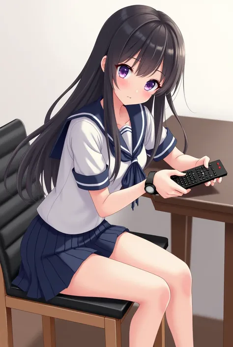 An anime-style illustration of a teenage woman with long black hair and purple eyes .  sitting on a black leather dining chair and backrest with wooden legs She wears a short Magas sailor school uniform and a black watch, while holding a black television r...