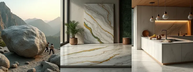 The image presents three perfectly connected sections, highlighting the beauty and functionality of Gucci Quartzite. To the left, a majestic rock is observed in its natural state, located in a mountainous setting with soft dawn light that highlights the un...