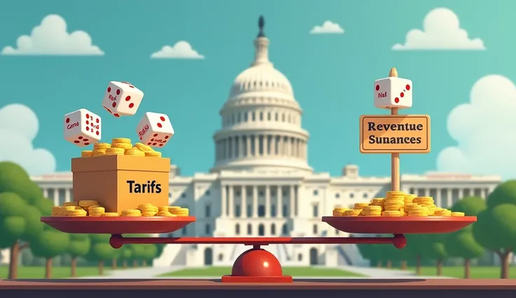 Center: A large scale

A scale represents the balance between tariffs and other sources of government revenue.
One side of the scale contains a large box labeled “Tariffs” with gold coins surrounding it, but it is tilted unbalanced, indicating the risk of ...