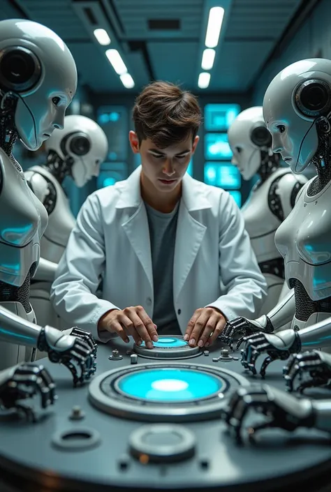 Young adult scientist boy surrounded by sexy female robots helping him create the time machine 