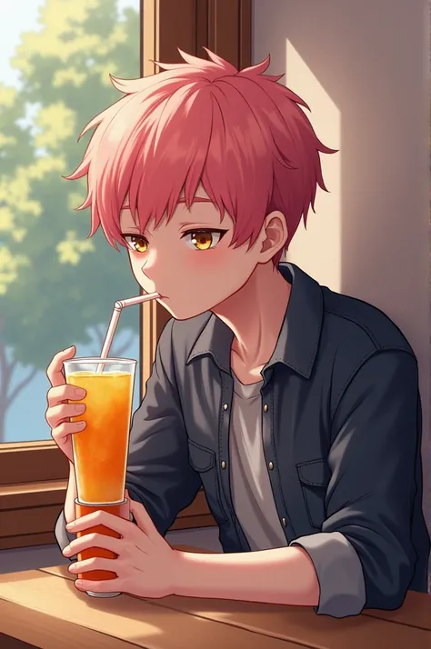 table，Sit in the corner ，A boy with his head against a wall ，A very boring, laid-back ， Holding a cup of drink in one hand，Biting the straw， boy with pink hair, golden eyes, and cold white skin，Bow your head，side