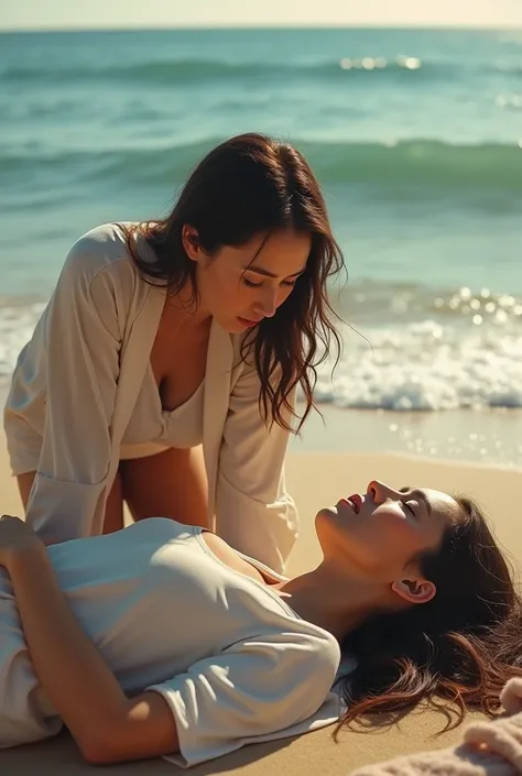 Woman leaning over unconscious woman at the beach 